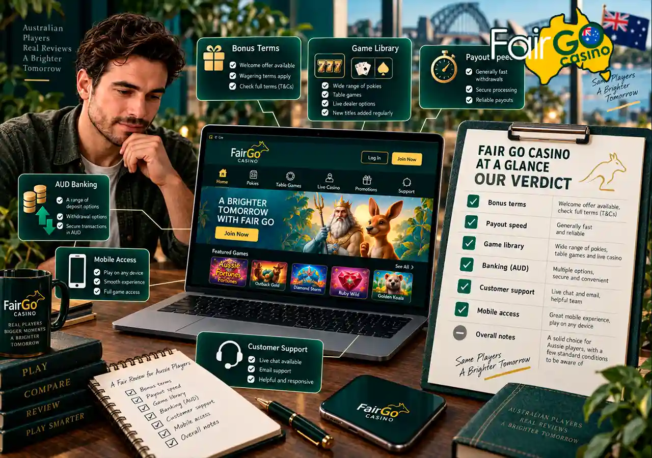 Casino website on laptop with review checklist, payouts, games, banking and customer support.